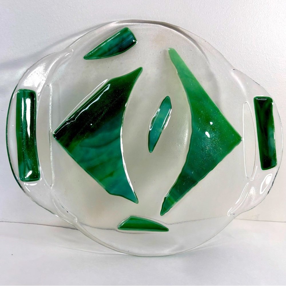 Unique Fused Glass Round Tray w/ Handles Emerald Green Shimmer Abstract 10x8.5